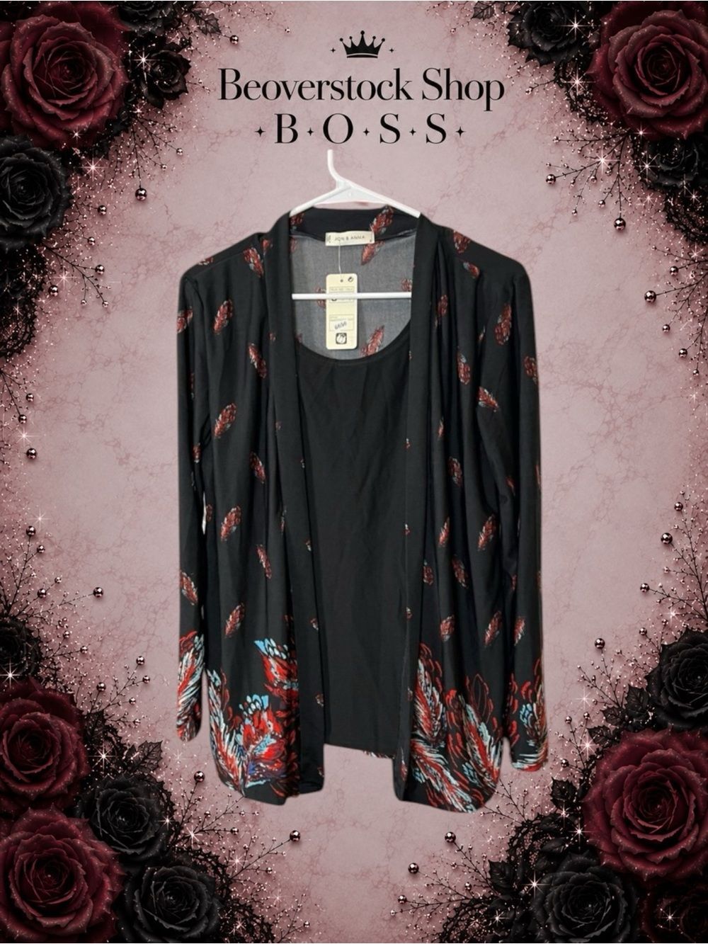 New Jon & Anna Layered Cardigan Tank Top – Black Feather Print – Size Small